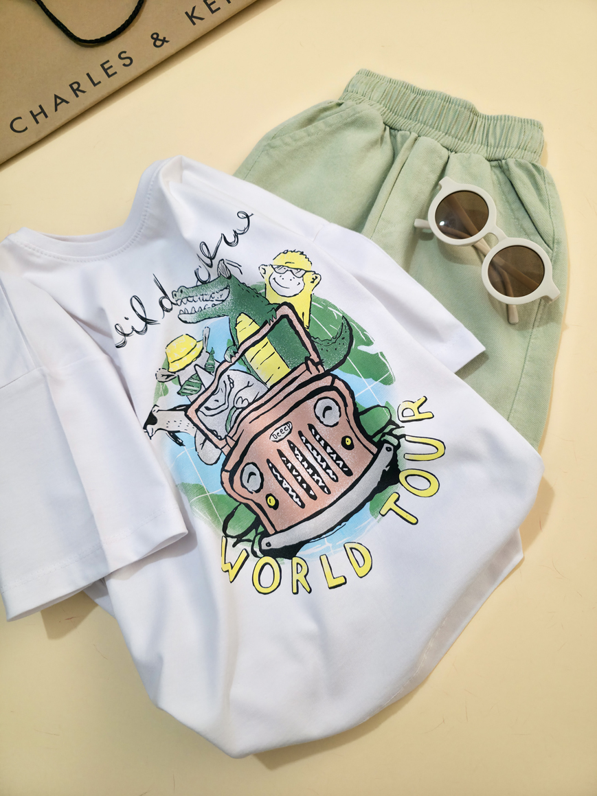 تیشرت تک برند مانکی طرح جیپ و حیوانات-سایز 7تا10