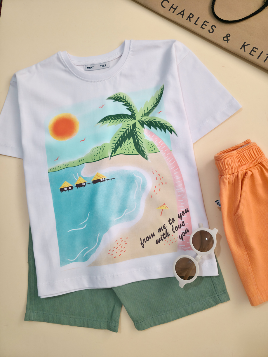 تیشرت تک برند مانکی طرح نخل و دریا-سایز 7تا10