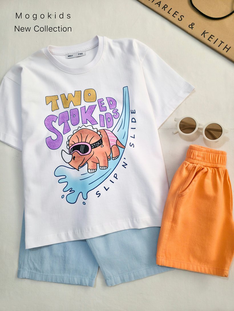 تیشرت تک برند مانکی طرح داینو موج سوار-سایز 7تا10