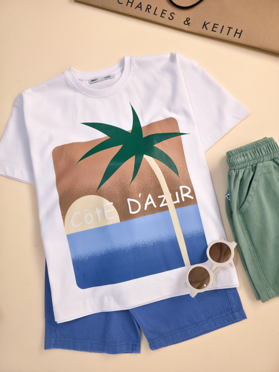 تیشرت تک برند مانکی طرح نخل سبز-سایز 7تا10